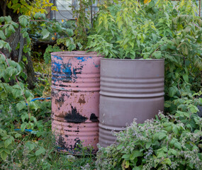 Rain water flows from a drainpipe to the metal barrel in garden in summer close up