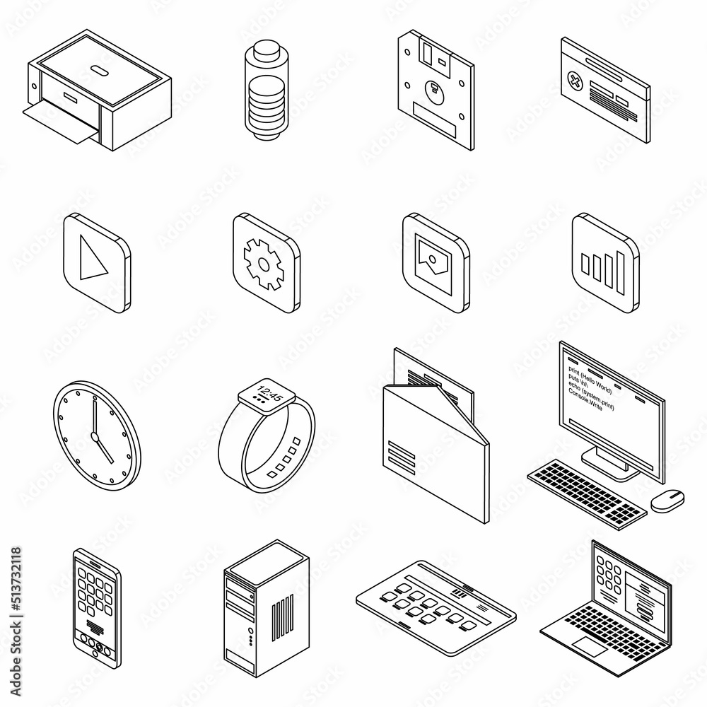 Poster operating system icons set. isometric set of operating system vector icons thin line outline on whit
