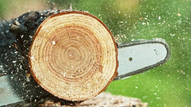 Super slow motion of chainsaw cutting the wooden log. Filmed on high speed cinema camera, 1000 fps.