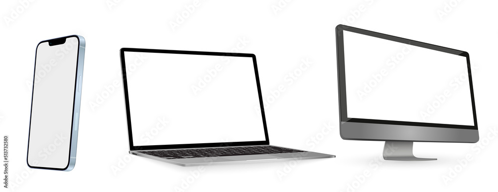 Poster modern devices with blank screens. laptop smartphone and tablet mockup with blank screen isolated on