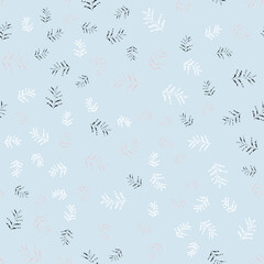 Seamless vector pattern with sprigs in black, white and pink on a blue background. Print for bed linen, tablecloth, summer clothes, wrapping paper, packaging, package