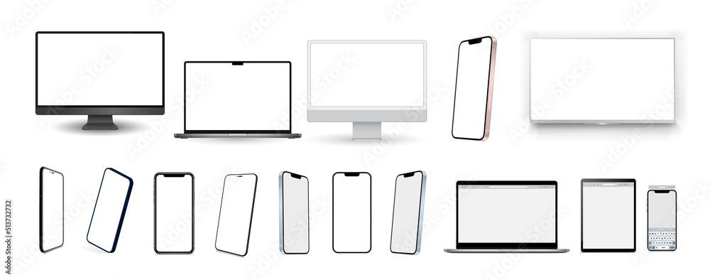 Poster Set mockups of technology devices with empty display, device screen mockup collection, big realistic set mock up TV, computer, laptop, tablet, smartphone and watch with shadow.