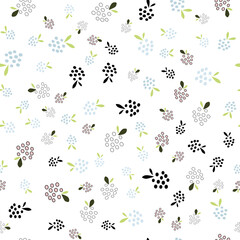 Seamless vector pattern with blackberries in pink, white, black and blue on a white background. Floral texture in pastel colors for baby clothes, bedding, wallpaper, packaging, package, tablecloth