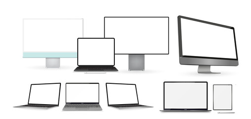 Set of computer, laptop, smartphone with empty screens. Vector illustration