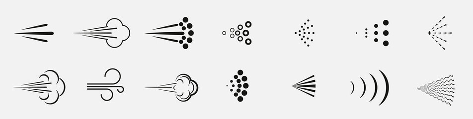 Spray big set icons. Spray of water, perfume, paint or deodorant spray.