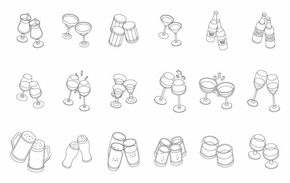 Cheers icons set. Isometric set of cheers vector icons thin line outline on white isolated