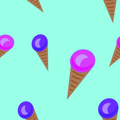 Colorful Ice cream in a waffle cup seamless pattern on blue background. Summer wallpaper, kids interior wallpaper. Sweet summer food. Vector repeating texture.