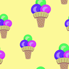 Colorful Ice cream in a waffle cup seamless pattern on yellow background. Summer wallpaper, kids interior wallpaper. Sweet summer food. Vector repeating texture.