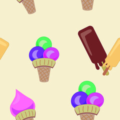 Colorful Ice cream in a waffle cup seamless pattern on yellow background. Summer wallpaper, kids interior wallpaper. Sweet summer food. Vector repeating texture.