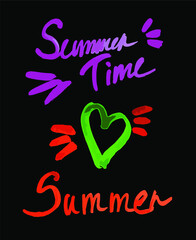 Watercolor inscriptions "Summer time", "Summer" and heart symbols with joyful splashes on the sides. Bright inscriptions on a black, white background. Marker inscriptions.
