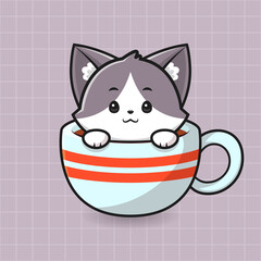 Cute Cat on a coffee mug isolated cartoon animal illustration flat style sticker icon Vector