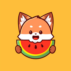 Cute Fox holding Watermelon cartoon vector icon illustration. animal food icon concept isolated premium vector