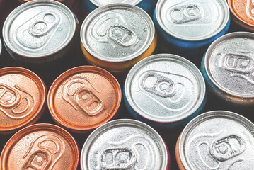 Group of aluminium cans, cold drink. Top view.