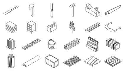 Obraz premium Plywood icons set. Isometric set of plywood vector icons thin line outline on white isolated