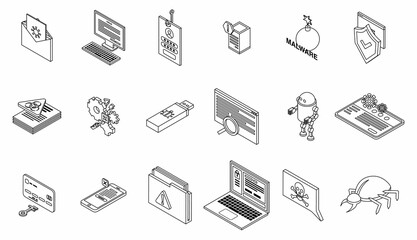 Malware icons set. Isometric set of malware vector icons thin line outline on white isolated