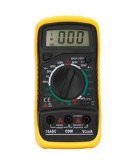 Black, yellow multimeter isolated on white background