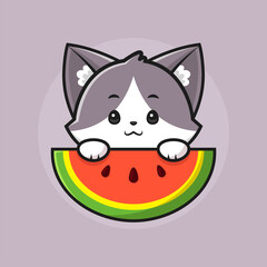 Cute Cat holding Watermelon cartoon vector icon illustration. animal food icon concept isolated premium vector