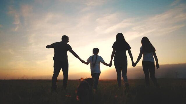people in the park. silhouette of a big happy family on a walk with a dog at sunset in a field in nature. happy family kid dream concept. big friendly family walks at sunset in lifestyle the park