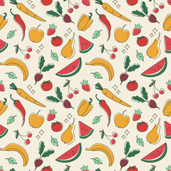 Seamless pattern. Fresh organic, juicy vegetables and fruits on a white background. Drawing for poster, background, textile or banner. Vector illustration