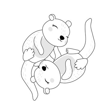 Clipart Otters Black and White in Cartoon Style. Cute Clip Art Coloring Page Two Otters in Love. Vector Illustration of an Animal for Stickers, Baby Shower Invitation, Prints for Clothes, Textile