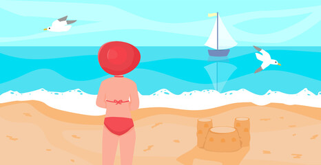 Obraz na płótnie Canvas Vector summer time seascape. Young female in swimsuit looking toward the beautiful sea. Cute vector illustration of woman at the beach.