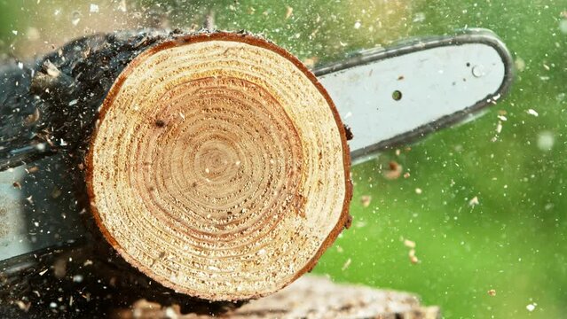 Super slow motion of chainsaw cutting the wooden log. Filmed on high speed cinema camera, 1000 fps.