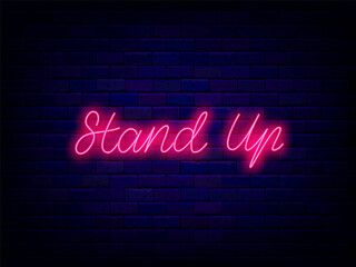 Stand up neon lettering word. Comedy show, Comicperformance. Pink text. Vector stock illustration