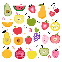 Big vector set of cute bright fruits and berries