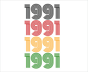 Year 1991 retro font. Vector with year for birthday in black, red, orange and green.