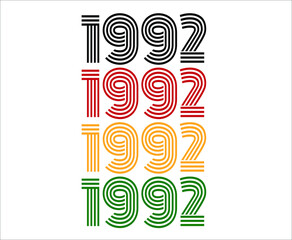 Year 1992 retro font. Vector with year for birthday in black, red, orange and green.