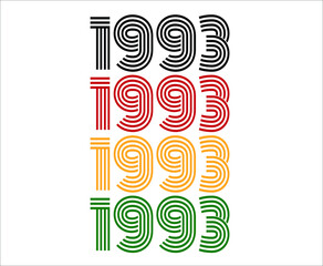 Year 1993 retro font. Vector with year for birthday in black, red, orange and green.