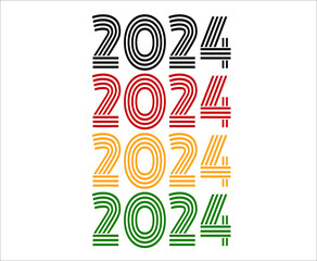 Year 2024 retro font. Vector with year for birthday in black, red, orange and green.