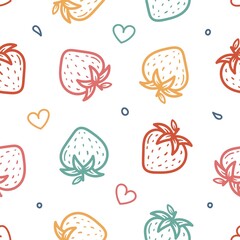 seamless cute doodle pattern of colorful strawberries and hearts vector illustration