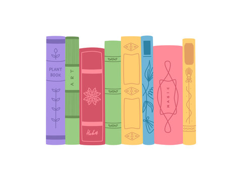 Vertical standing vintage books in colorful cover. Hand drawn vector illustration isolated on white background. Modern flat cartoon style.