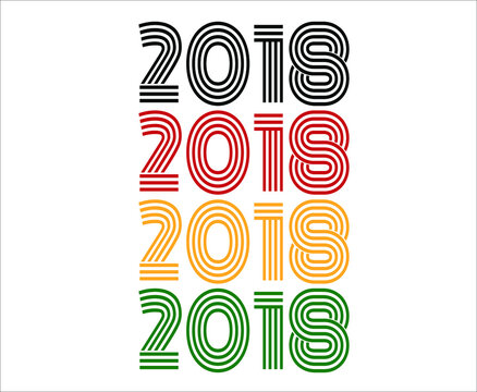 Year 2018 retro font. Vector with year for birthday in black, red, orange and green.