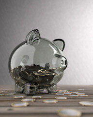 Glass piggy bank full of coins which have been saved concept 3d render
