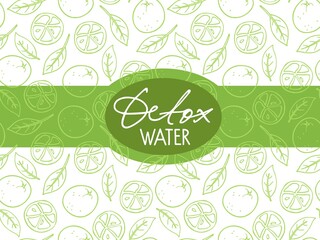 Detox water label. Detox water text and citrus fruits with leaves sketch border on green colors. Vector illustration in sketch style For cafe menu, pack design, print design, poster, web banner