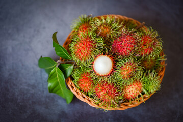 Fresh and ripe rambutan sweet tropical fruit peeled rambutan with leaf, Rambutan fruit on basket dark background harvest from the garden rambutan tree - 513736319