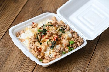 lunch box foam , food box with rice stir fried chicken with holy basil takeaway food , street food - dangerous to health waste garbage foam food concept