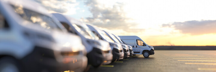 Generic row of new vans in a parking bay ready for purchase 3d render - obrazy, fototapety, plakaty