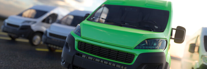 Generic green electric van standing out from other vans concept 3d render - obrazy, fototapety, plakaty