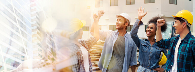 Engineer and assistants raised their hands with great joy that the job was done.