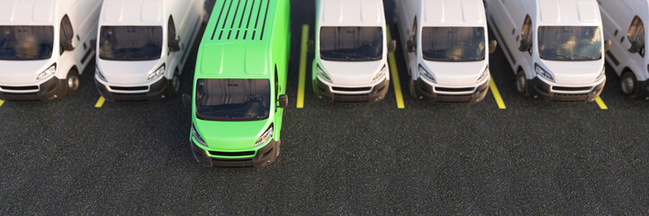 Generic green electric van standing out from other vans concept 3d render - obrazy, fototapety, plakaty