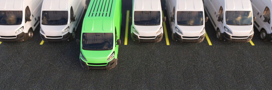 Generic green electric van standing out from other vans concept 3d render