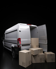 Generic modern white delivery van rear doors with packages on the ground 3d render © Studio-FI
