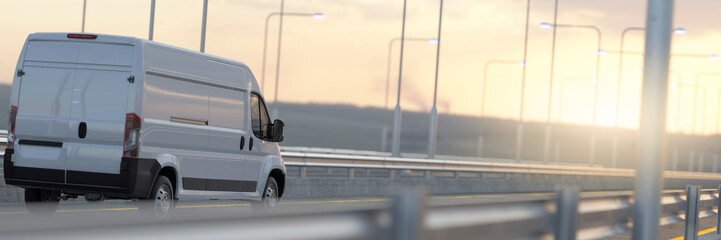 Generic white work van driving into the sunset on a main road 3d render © Studio-FI