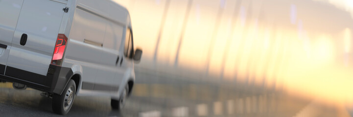 Generic white work van driving into the sunset on a main road 3d render © Studio-FI
