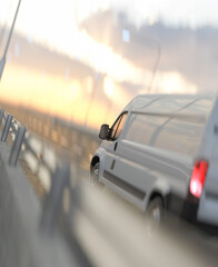 Obraz na płótnie Canvas Generic white work van driving into the sunset on a main road 3d render