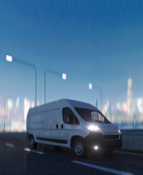 Generic white commercial van driving through a city at night concept 3d render