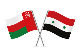 Oman and Syria crossed flags. Omani and Syrian flags on white background. Vector icon set. Vector illustration.